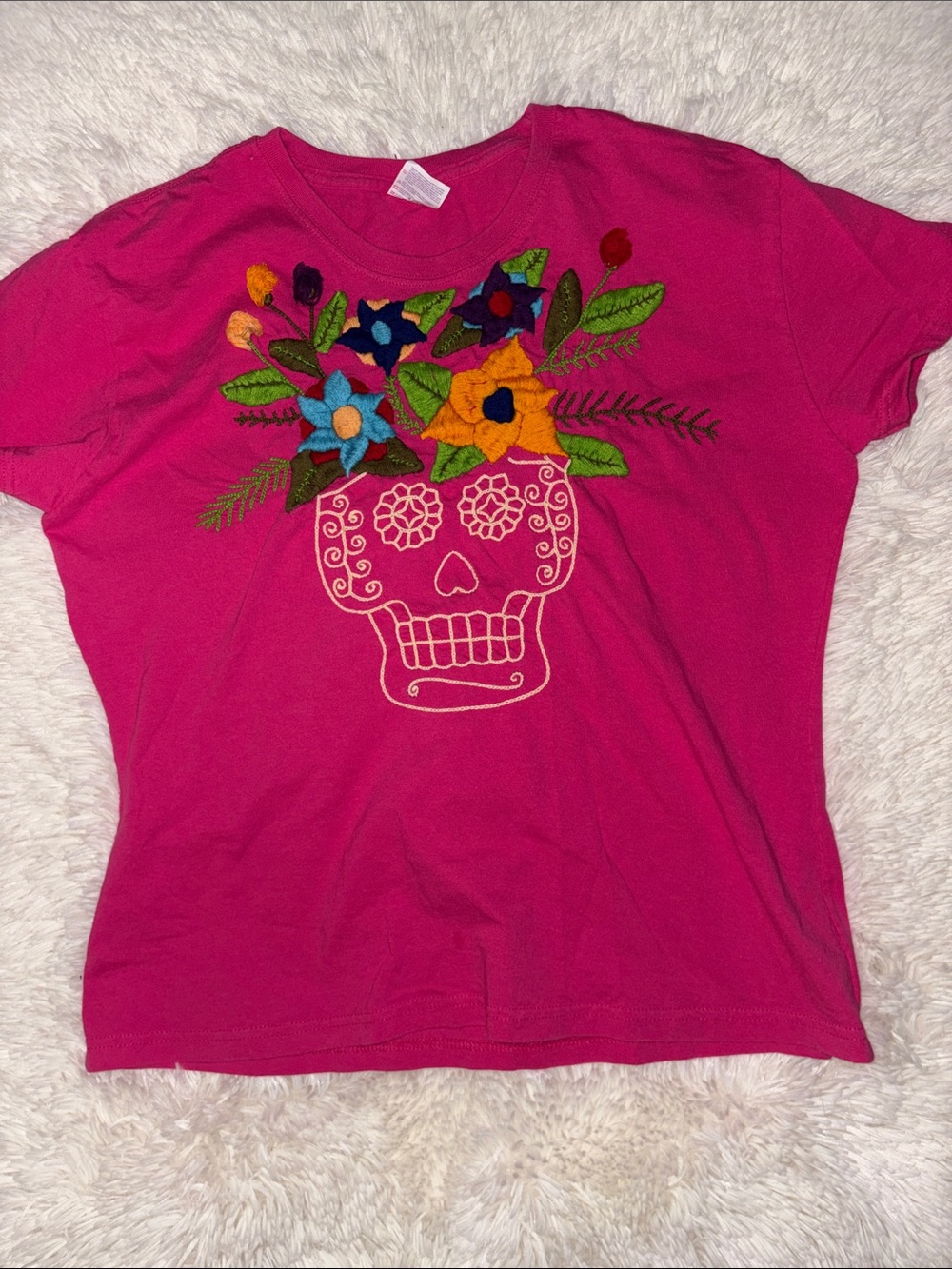 Embroidered Floral Sugar Skull Tee - Pink